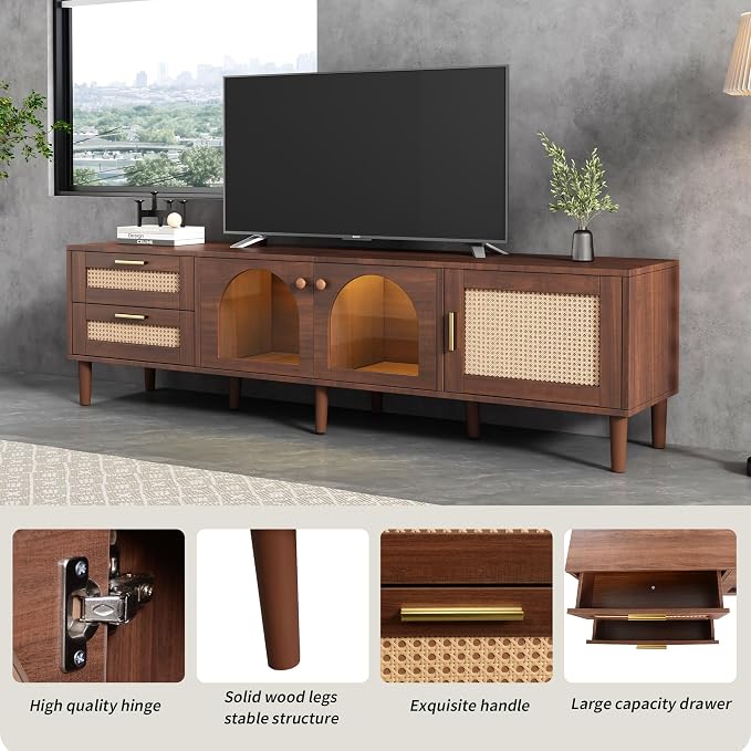 Merax Rattan TV Stand with LED Lights, Solid Wood Feet, Living Room, Bedroom - Image 6