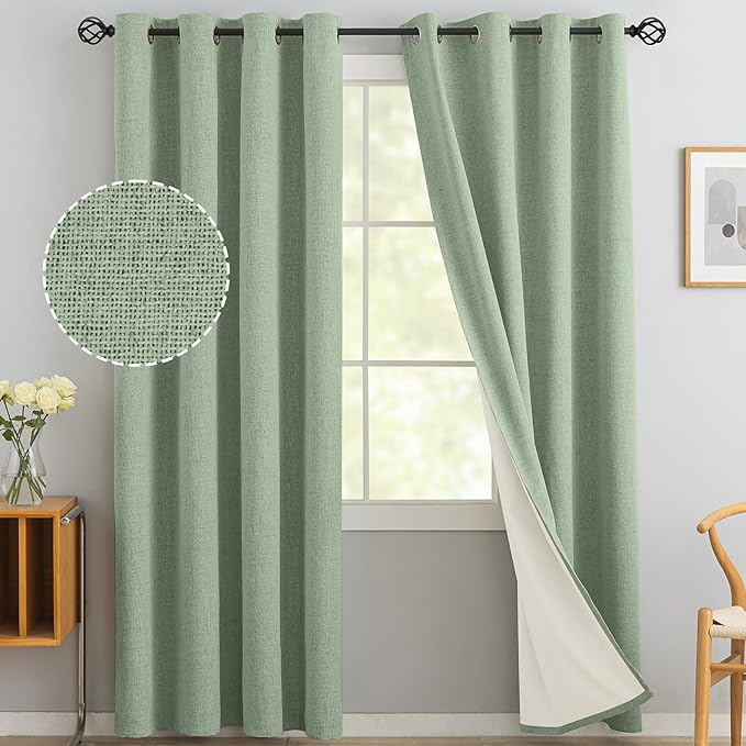 Yakamok Light Sage Green Linen Curtains 100% Blackout 96 Inches Long, Room by Yakamok