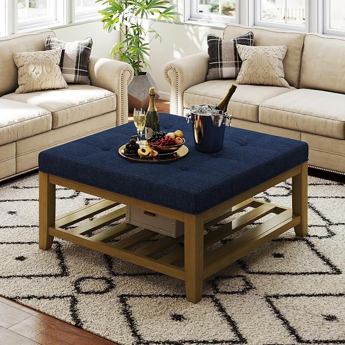 Befurtori Large Square Ottoman Coffee Table, Linen Solid Upholstered Footrest by Befurtori
