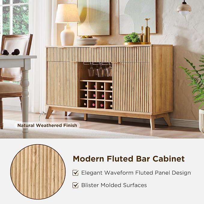 OKD Fluted Wine Bar Cabinet, 3 Drawers, 4 Glass Holders & 12 Wine Racks - Image 7
