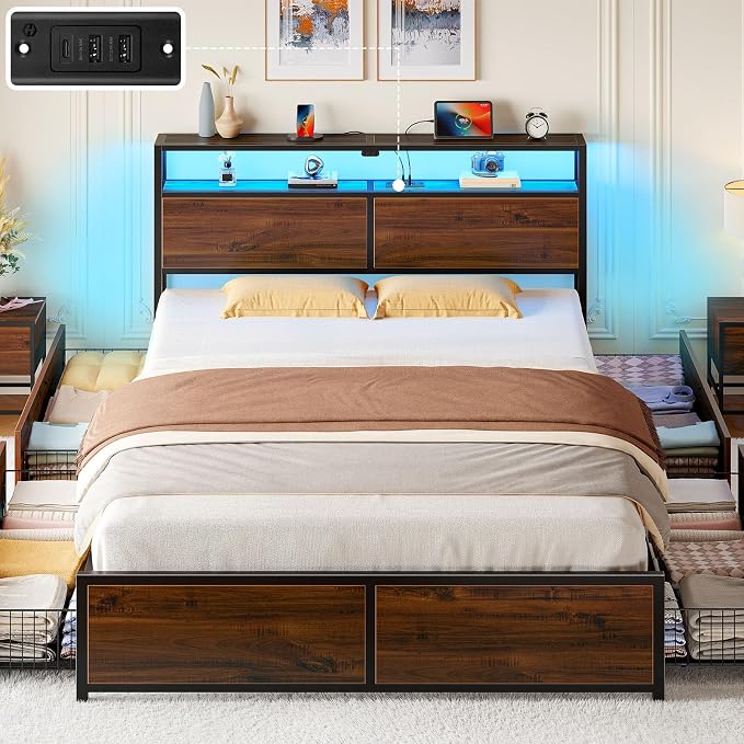 Rolanstar Queen Bed Frame with 4 Storage Drawers, Charging Station and LED - Image 8