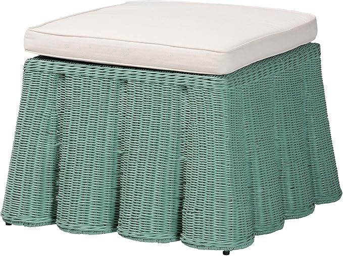 Bali & pari Palm Bohemian Seafoam Green Scallop Rattan Ottoman by balipari