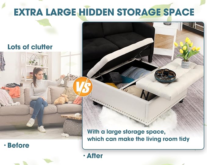 36" Large Square Ottoman with Storage, Tufted Upholstered Storage Ottoman with - Image 4
