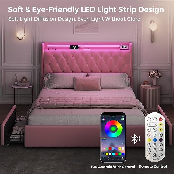 Full LED Velvet Bed Frame with 2 Storage Drawers&Hidden Headboard, Upholstered - Image 3