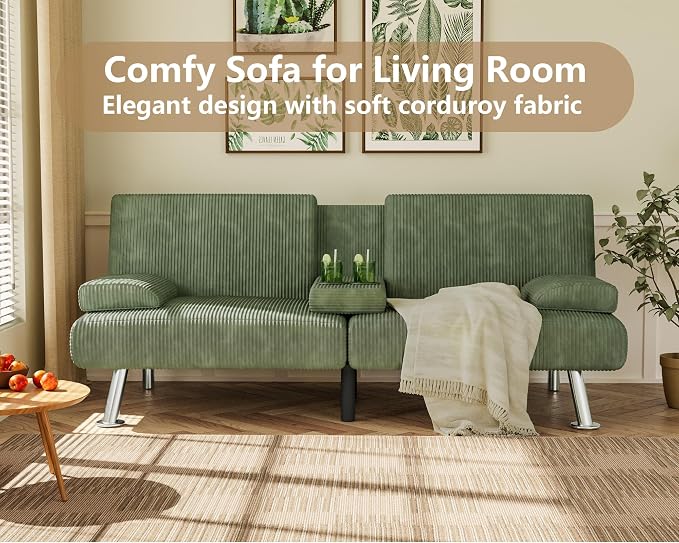 Flamaker Futon Sofa Bed Corduroy Folding Couch Adjustable Sleeper Sofa Bed - Image 5