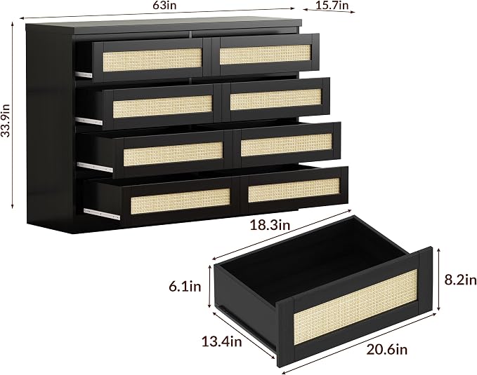 47 Inch Rattan 8 Drawer Dresser, Modern Farmhouse Chest of Drawers, Tv Stand - Image 2
