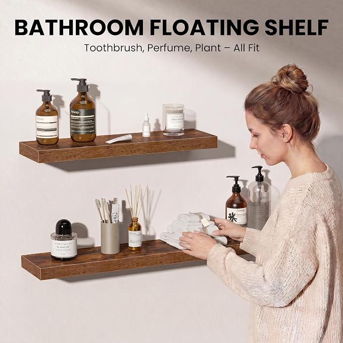 Fun Memories Floating Shelves for Wall, 32 Inch Set of 2 Rustic Wood Wall - Image 3