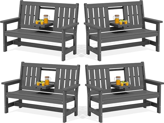 SERWALL Outdoor Bench with Cup Holder, Oversized 58" HDPE Porch Bench Suitable by SERWALL