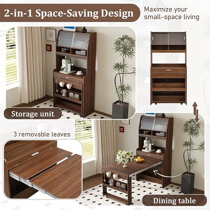 Compact Buffet with Hutch and Foldable Dining Table, 2-in-1 Buffet - Image 5