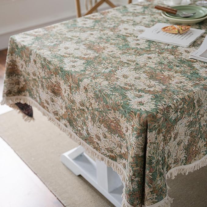 VClife Aesthetic Green and Beige Floral Table Cloth, Linen Texture Table Cloth - Image 9