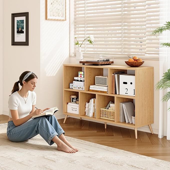 7-Cube Storage Organizer with Natural Wood Legs, Mid-Century Modern Bookcase - Image 5