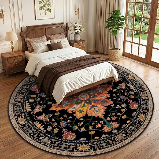 RELEANY Area Rugs Round 10ft Washable Non-Slip, Floral Vintage Distress Print - Image 2
