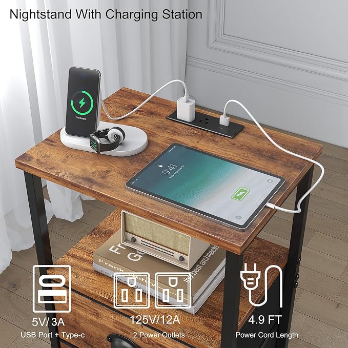 Sthmec Rustic Brown Industrial Nightstand Set of 2, Bedside Table - Image 4