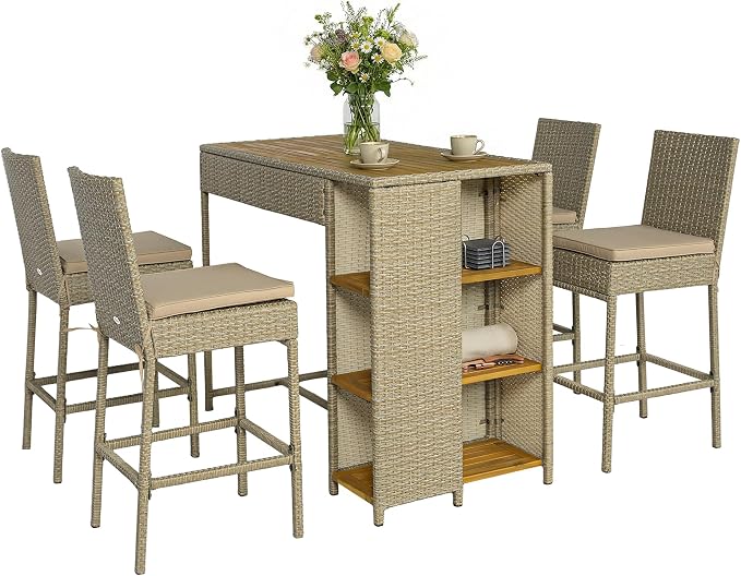 Outsunny 5 Piece Outdoor Bar Set, Wicker Outdoor High Top Table and Chairs by Outsunny