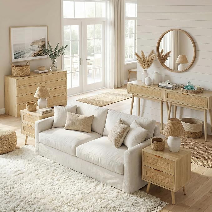 HOPUBUY Living Room Table Sets of 3, Boho Drawer and Large Drawer Nightstand - Image 2