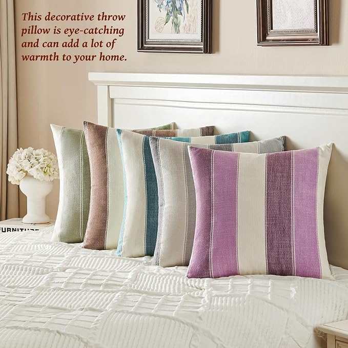 AmHoo Pack of 2 Farmhouse Stripe Check Throw Pillow Covers Set Case Cotton - Image 7