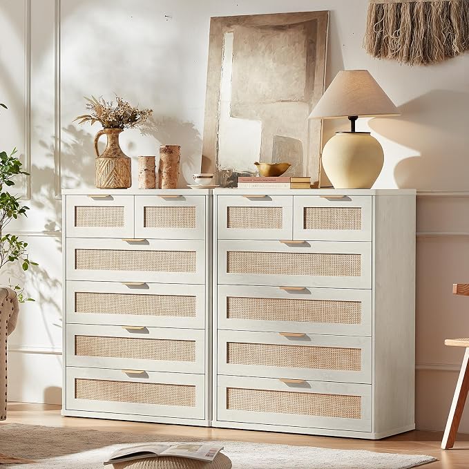 LEYAOYAO White Dresser for Bedroom Set of 2, Modern 6 Drawers Boho Rattan - Image 2