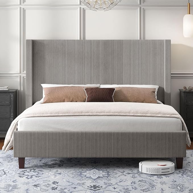 HOWE Queen Size Bed Frame with 50.8" Tall Wingback Headboard, Modern Corduroy - Image 3