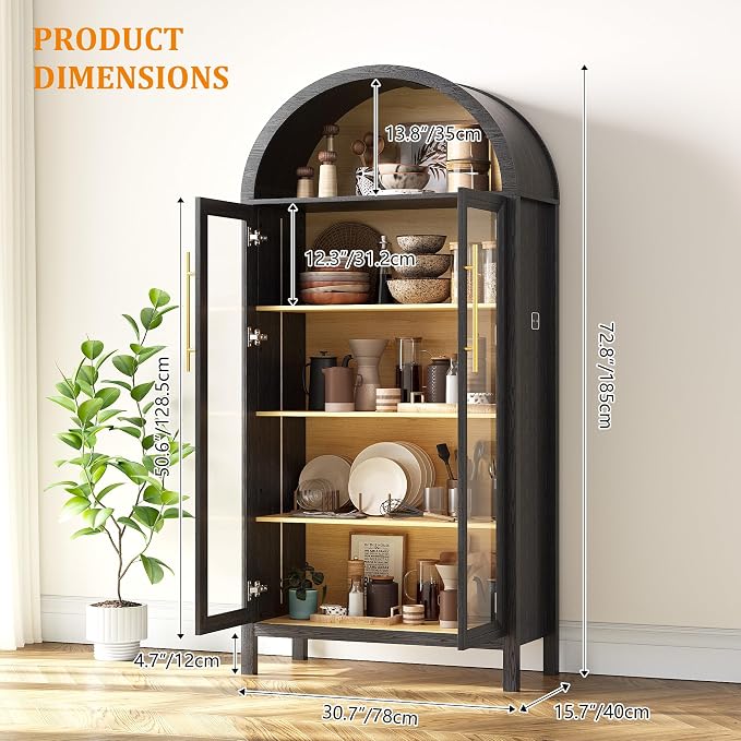 HWB Display Cabinet with Glass Doors, 5-Tier Tall Curio Cabinet with Lights - Image 2