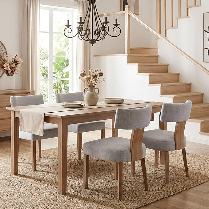 HNY Set of 4 Mid Century Modern Dining Chairs, Farmhouse Linen Fabric - Image 7
