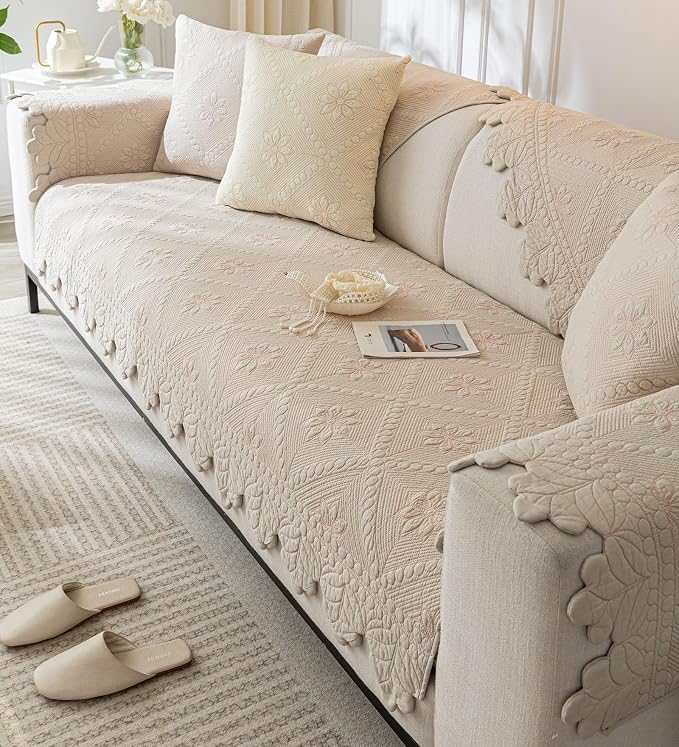 Cotton Quilted Dog Couch Cover for Sofa Farmhouse Rustic Embroidery Sectional - Image 5