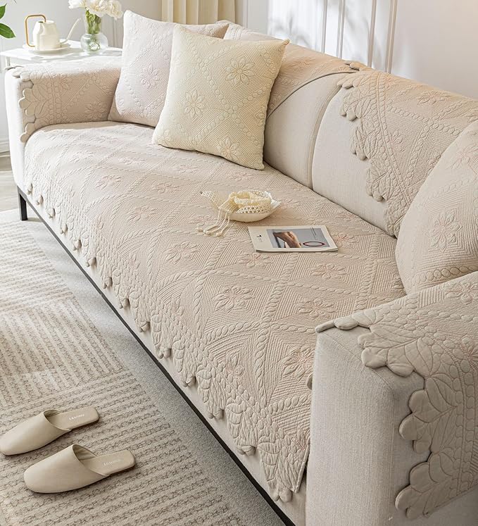 Cotton Quilted Dog Couch Cover for Sofa Farmhouse Rustic Embroidery Sectional - Image 5
