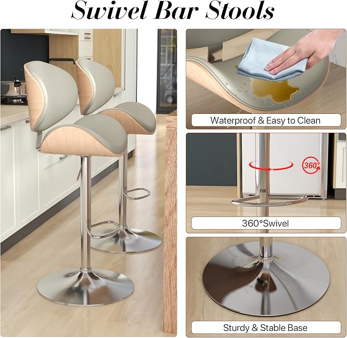 KCC Bar Stools Set of 2, Swivel Adjustable Height Barstools, PU Leather - Image 5