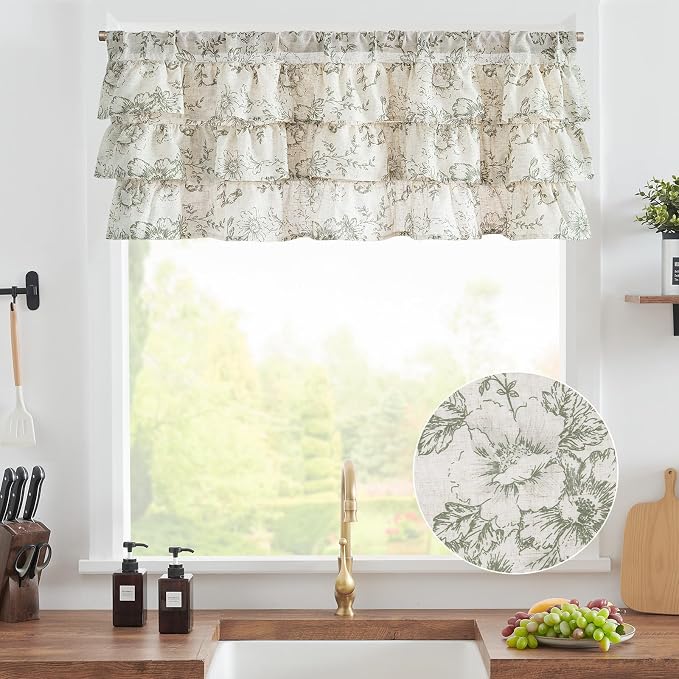 jinchan Ruffled Floral Valance Linen Shabby Chic Small Window Curtain 18 Inch - Image 2