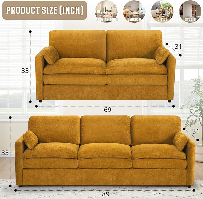 Comfy Chenille Sofa Set with Well-Filled Pillows, Modern 3 Seater and Loveseat - Image 3