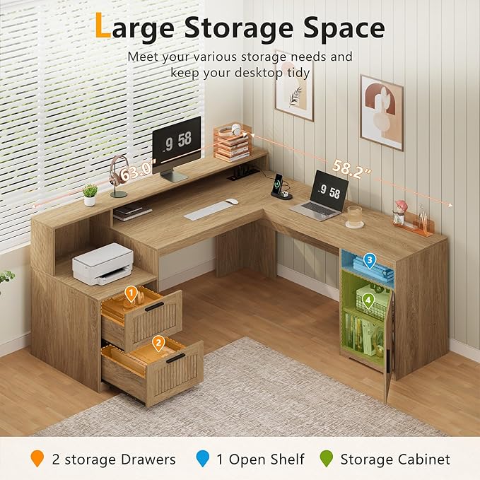 YOMILUVE 63" Farmhouse L Shaped Executive Desk - Image 4