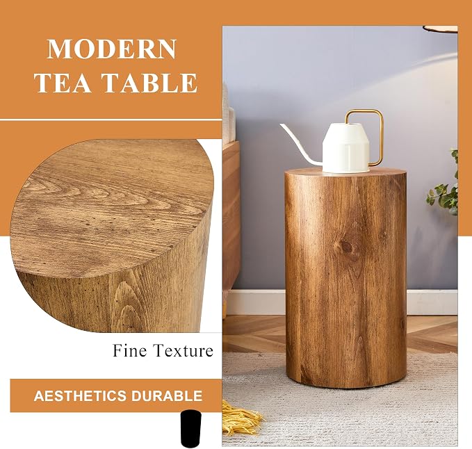 12'' Boho Cylinder Side Table for Living Room, Natural Wood Accent Tables - Image 8