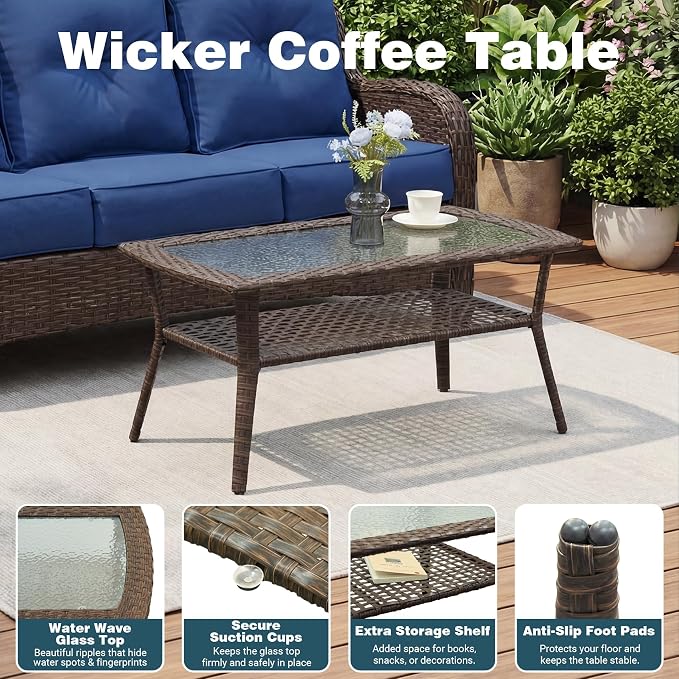 Patio Furniture Set, High Back Rattan Sofa & Swivel Rocker Chairs, Weather - Image 8