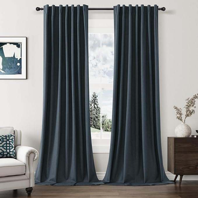 Guken Vintage Blue 100% Blackout Linen Curtains 84 Inch Length 2 Panels Set by Guken