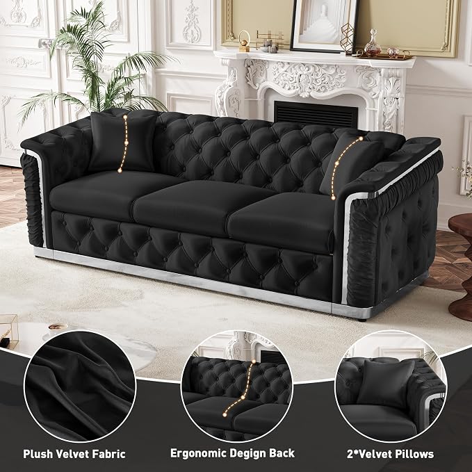 Luxury Chesterfield Sofa Set of 2, Velvet Tufted Couch Victorian Black and - Image 5