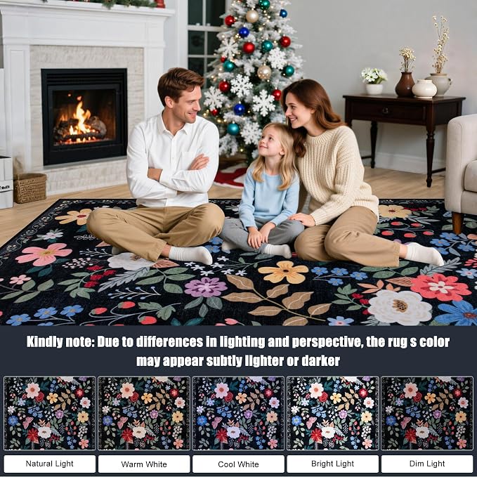 Area Rugs 9x12 Living Room: Floral Washable Rug Vintage Large Soft Boho - Image 9
