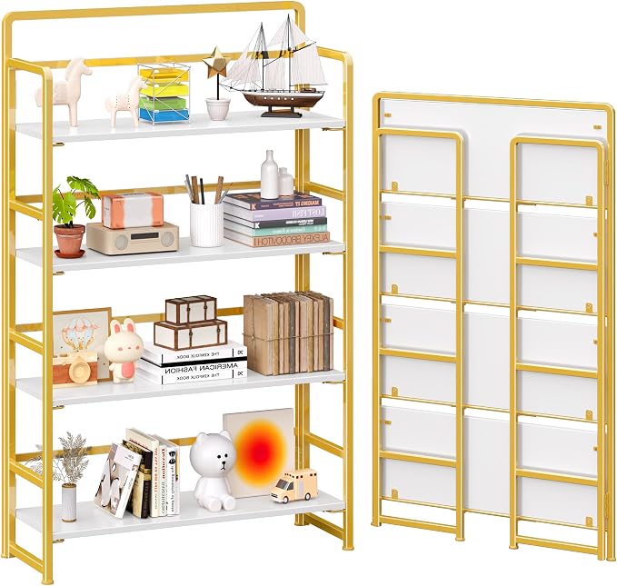 4NM No Assembly Extra Wide 4 Tiers Folding Bookshelf Storage Shelves Vintage by 4NM