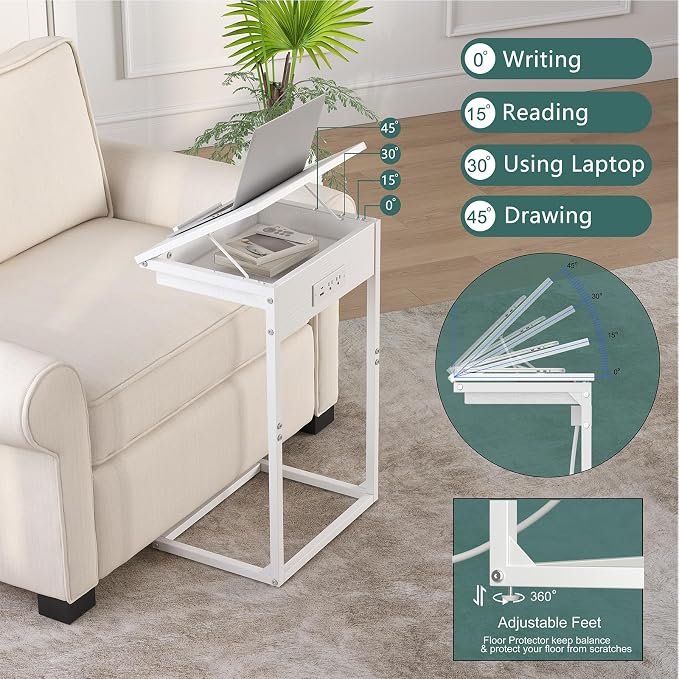 sthmec C Shaped End Table with Charging Station, 45° Tiltable Adjustable Flip - Image 4