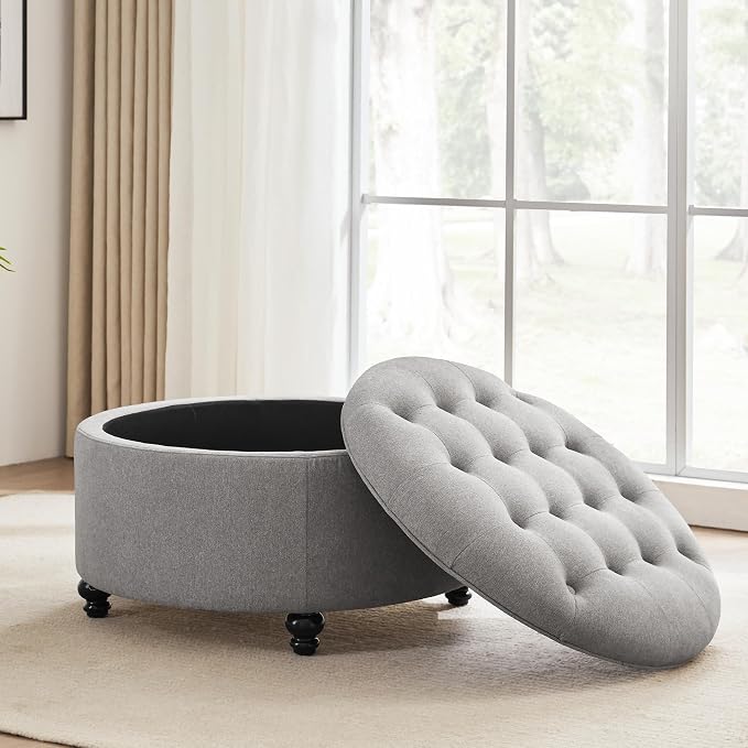 HUIMO 30-Inch Round Storage Ottoman, Modern Button Tufted Coffee Table - Image 5