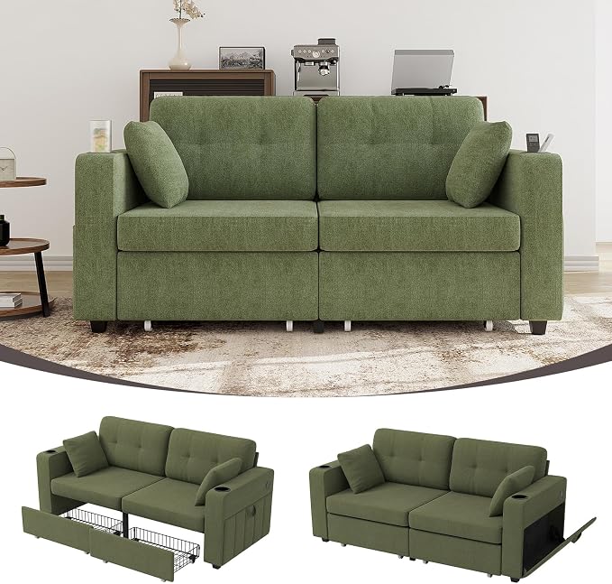 67" Small Loveseat Couch with Storage, USB Charging and Cup Holder, Space by Firscook