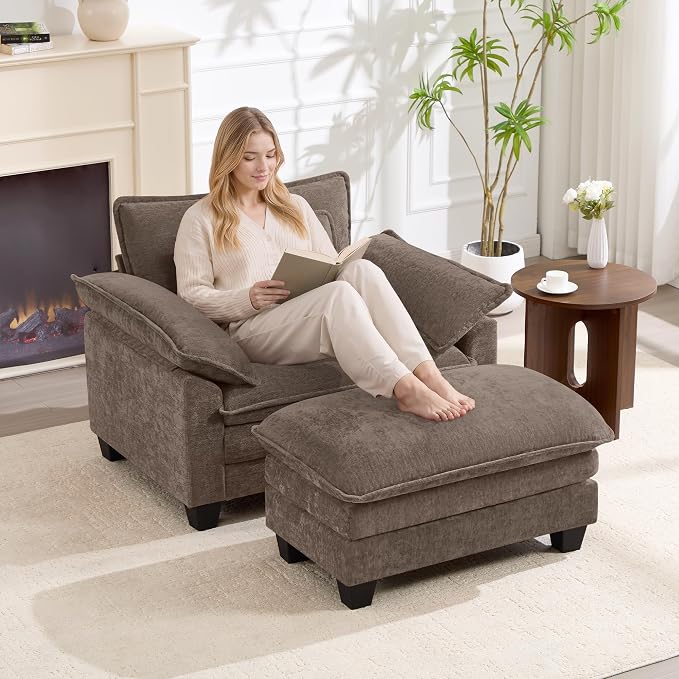 Oversized Accent Chair with Ottoman Set of 2, Upholstered Armchair with Extra - Image 6