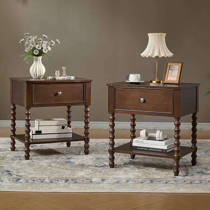 AMERLIFE 24" Walnut Nightstand Set of 2, Vintage Bedside Table - Image 9