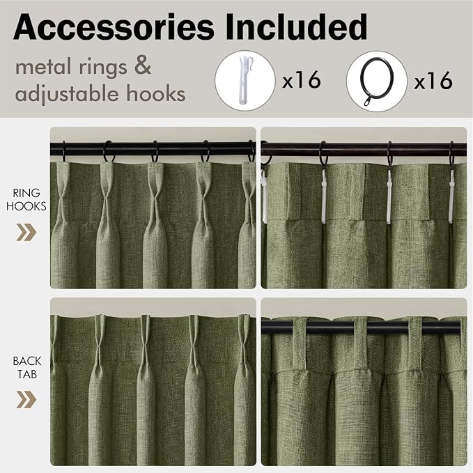 MIULEE Olive Green Pinch Pleated Linen Curtains 96 Inches Long 2 Panels - Image 8