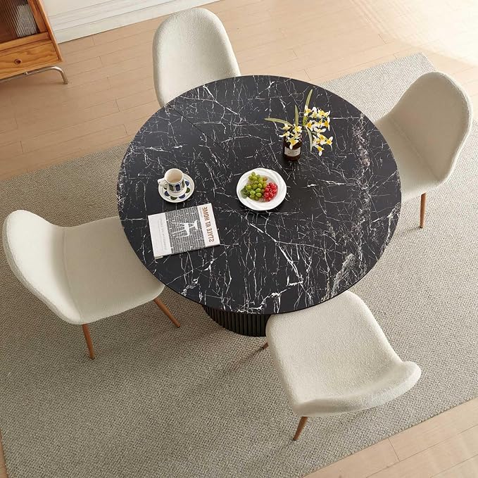 Dining Table Set for 4, Mid Century Modern 47 Inch Black Marble-Look Wooden - Image 6