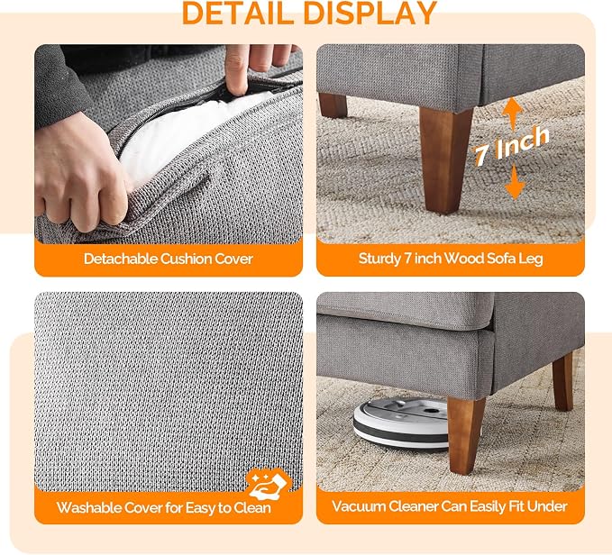 VINGLI Grey Accent Chairs Set of 2, Mid Century Modern Chairs, Upholstered - Image 4