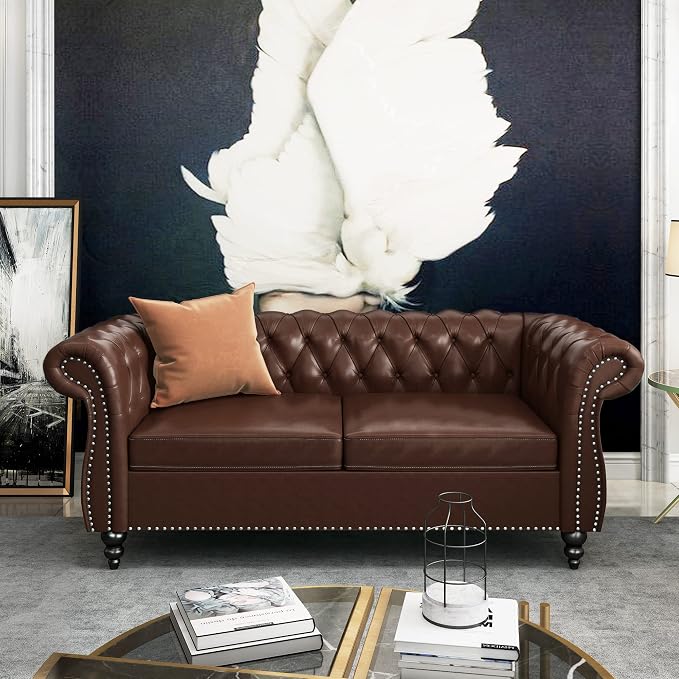 ORRD 2 Piece Living Room Set, Chesterfield Leather Sofa Couch Chair - Image 5