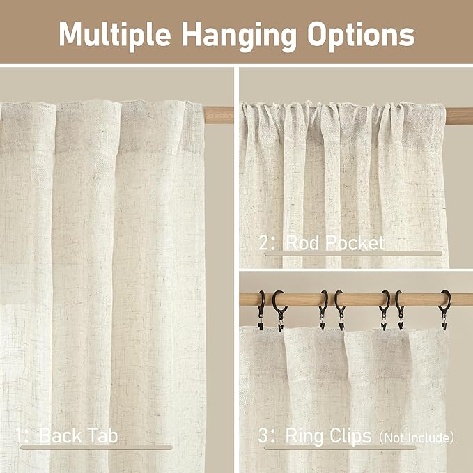LAMIT Semi Sheer Linen Window Curtains 63 Inch Length, Light Filtering Neutral - Image 2