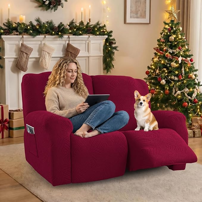 Recliner Loveseat Covers, 4-Piece Stretch Geometric Strokes Jacquard Reclining - Image 5