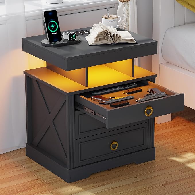HNEBC Night Stand Set 2 with Gun Drawers, Farmhouse Nightstand with Charging - Image 9