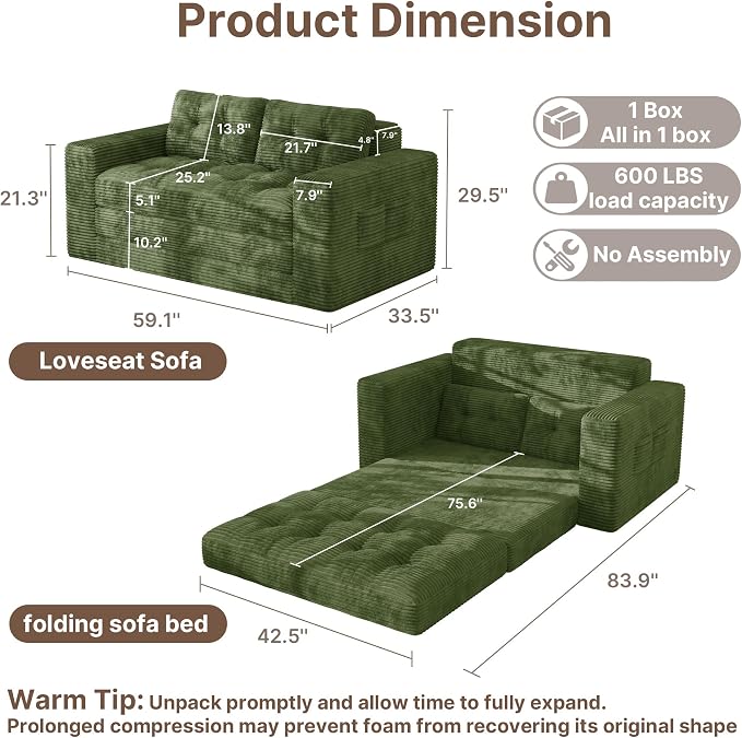 Gizoon Convertible Futon Sofa Bed, Aesthetic Portable Corduroy Sleeper Sofa - Image 2