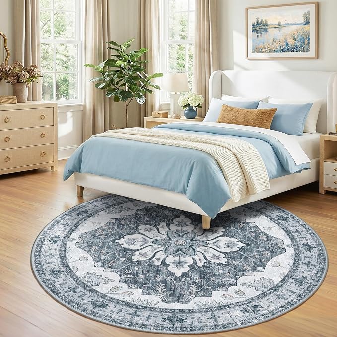 RELEANY Area Rugs Round 10ft Washable Non-Slip, Floral Vintage Distress Print - Image 2
